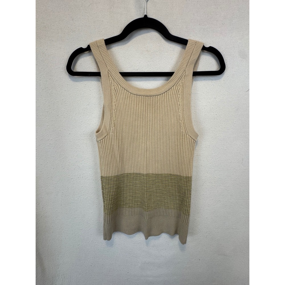 Anthropologie Ribbed Knit Tank Top Beige Green Colorblock Scoop Neck Small